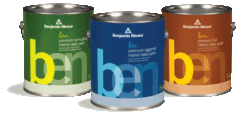 Three cans of Benjamin Moore Ben paint.